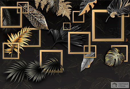 Черное-золотистые перья и тропические листья на черном фоне