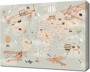 Детская карта мира с воздушными средствами и животными