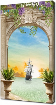 Арка с цветами с видом на корабль