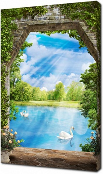 Терраса с аркой у озера с лебедями