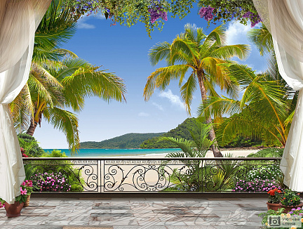 Украшенная цветами терраса с видом на пляж
