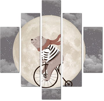 Медведь на велосипеде на фоне луны