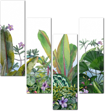 Тропические цветы и листья акварелью