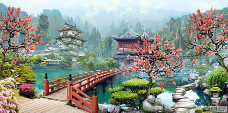 Фотообои Японский сад с цветущей сакурой