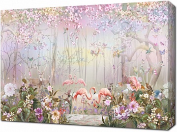 Весенний сад с фламинго