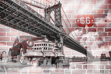 3D Ретро автомобиль и Бруклинский мост на фоне кирпичной стены