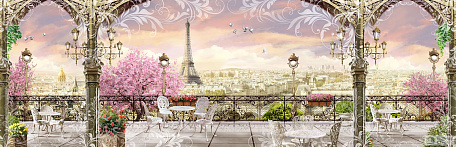 Фотообои Цветущие деревья и кафе в Париже