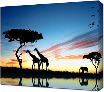 Силуэты диких животных на закате. Сафари. Африка