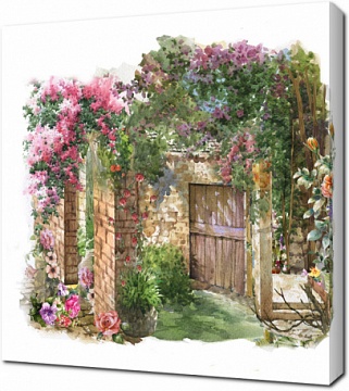 Акварельный дворик с цветами