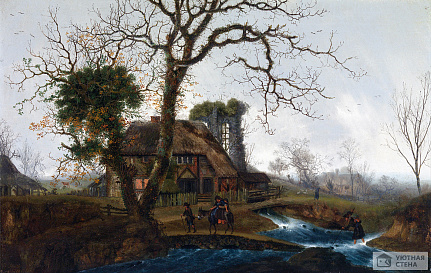Джордж Смит — Зимний Пейзаж с домиком и деревом
