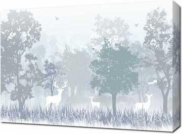 Олени в голубом туманном лесу