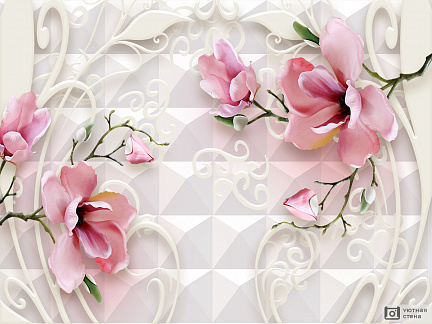 Розовые цветы на белоснежном фоне 3D