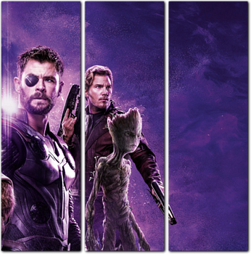 Персонажи Мстителей на фиолетовом фоне