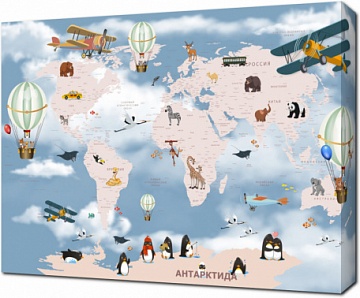 Карта мира с животными на воздушном шаре