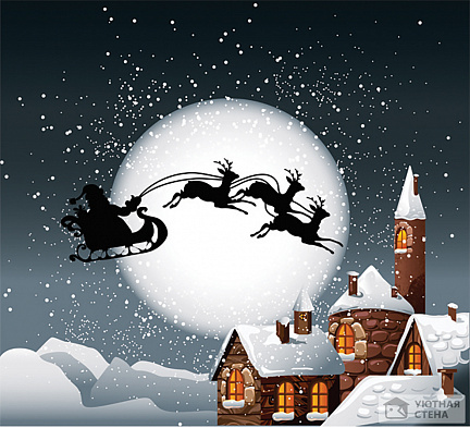 Санта и силуэты оленей на фоне луны