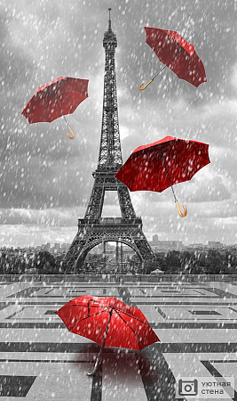 Летящие красные зонтики на фоне Эйфелевой башни