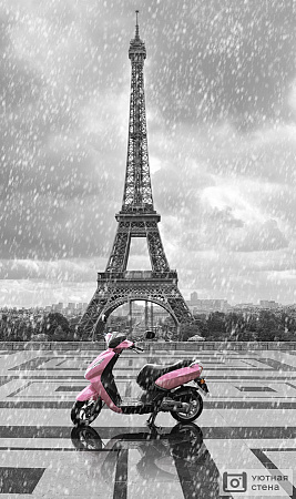 Розовый скутер на фоне черно белой Эйфелевой башни