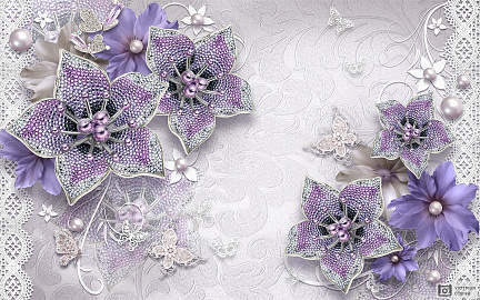 Сиреневые цветы 3D с жемчужинами