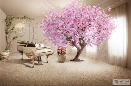 Рояль в комнате с цветущем деревом