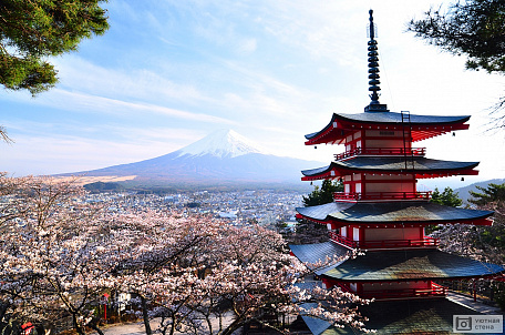 Красная пагода на фоне Фудзи. Япония