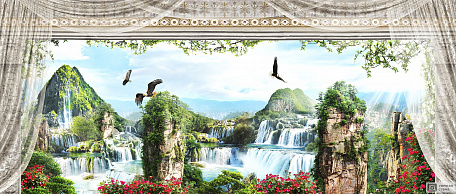 Балкон с видом на водопад и природу