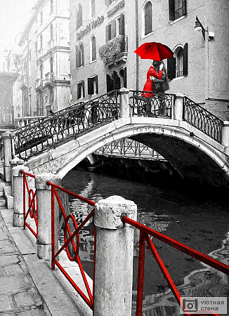 Фотообои Черно-белая Венеции с красными деталями в стиле масляной живописи