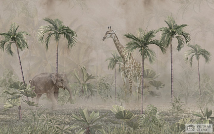 Слон и жираф в дымке джунглей