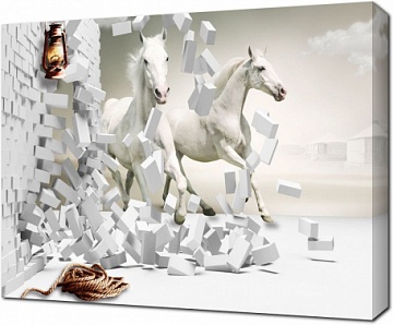 3D кирпичная стена и лошади