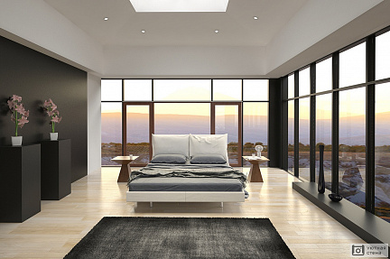 Современный дизайн спальни с видом на окружающий ландшафт