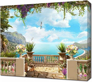 Каменный балкон с цветами и чайками