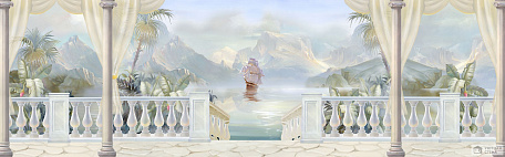 Белоснежная терраса с видом на озеро и горы