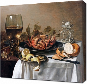 Питер Клас — Натюрморт с мясным пирогом, лимоном и хлебом для завтрака
