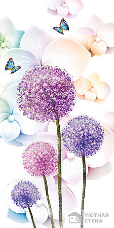 Сиреневые одуванчики на фоне цветов в пастельных тонах