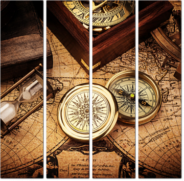 Старый компас и астролябия на карте