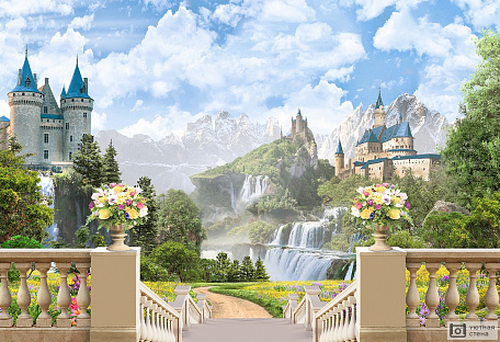 Терраса с лестницей с видом на замки и водопад