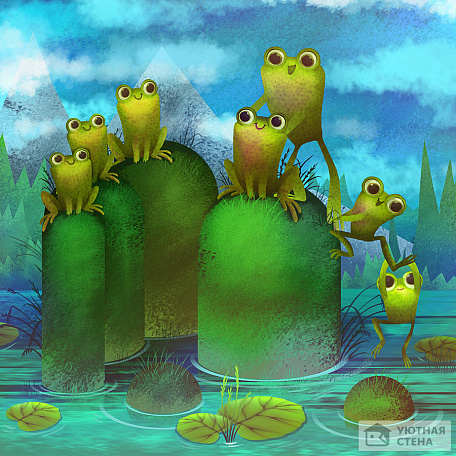 Рисованные лягушки в озере