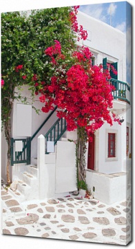 Цветы вокруг дома с балконом. Миконос