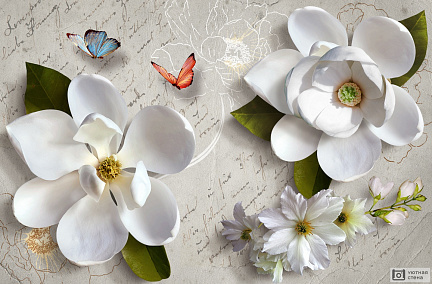 Белые 3D цветы с бабочками