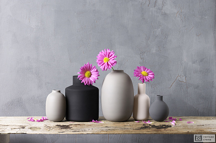Декоративные цветы в глиняных вазах