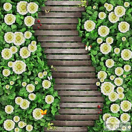 3D пол Деревянная дорожка среди цветов