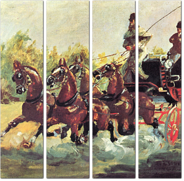 Граф Альфонс де Тулуз-Лотрек правит упряжкой из четырех лошадей