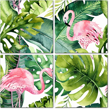 Акварельные фламинго и тропические листья