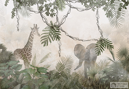 Слон и жираф затаились в листьях