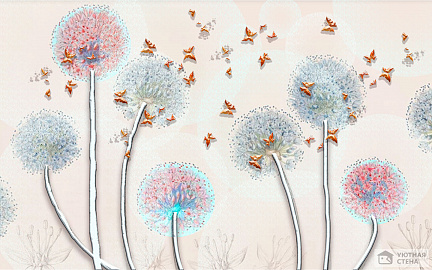 Объемные одуванчики и летающие бабочки на светло-розовом фоне