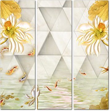 Золотые цветы и рыбки на геометричном фоне