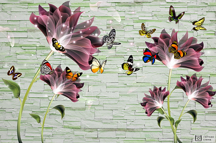 3D цветы и бабочки на фоне каменной стены