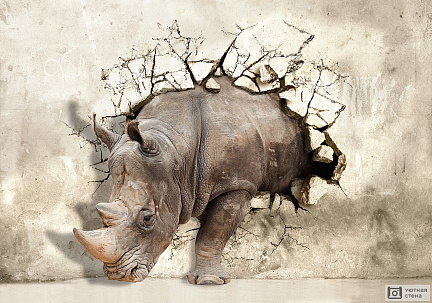 3D носорог, пробивающий стену