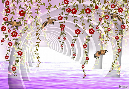 3D туннель с цветами и птицами