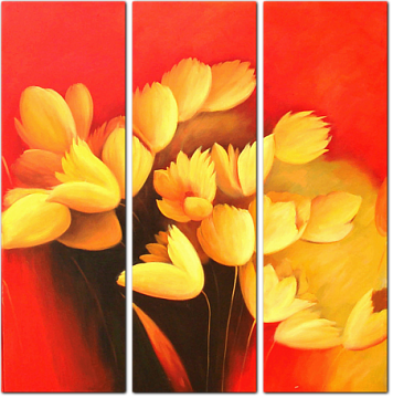 Жёлтые тюльпаны на красном фоне