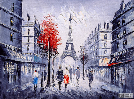Фотообои Улицы Парижа. Картина маслом с акцентом нескольких цветов